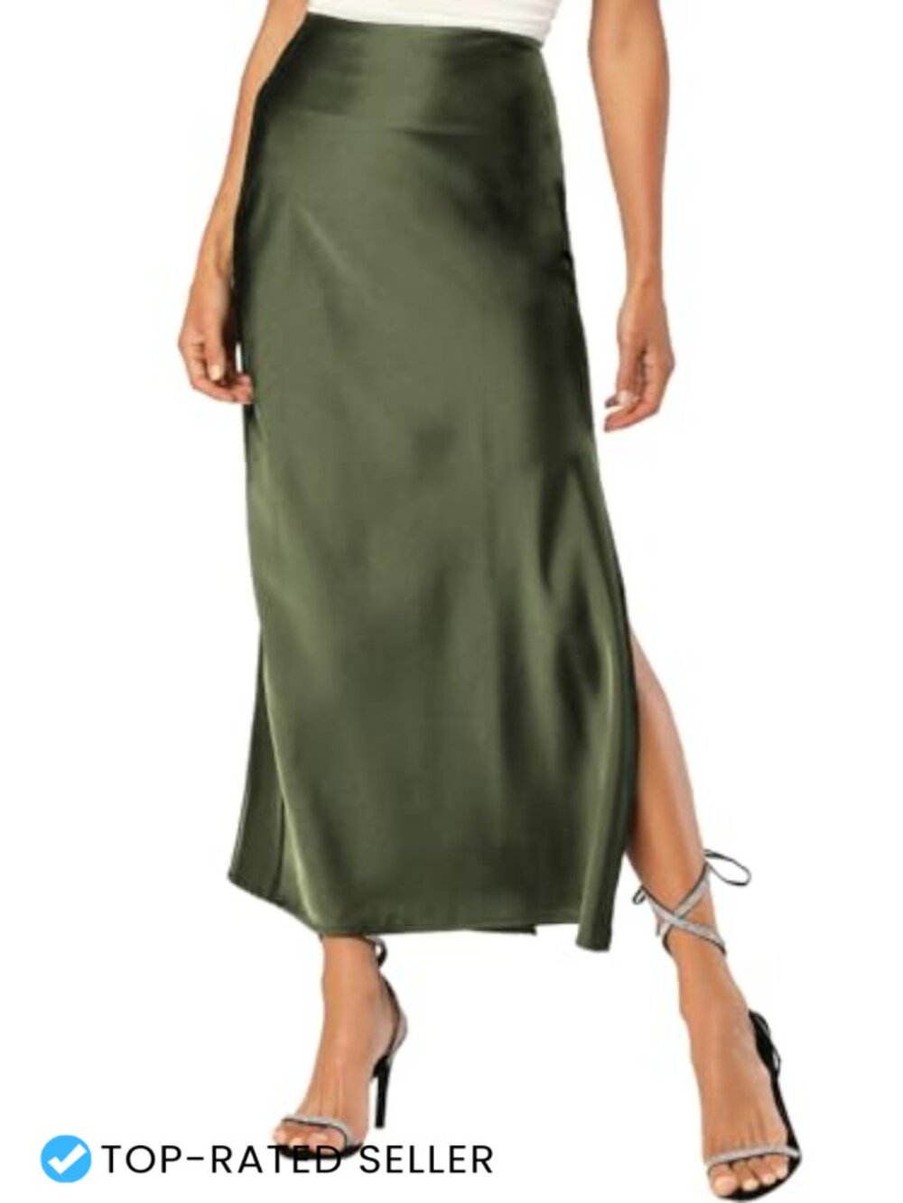 Satin Maxi Slit Skirt Elastic Waistband A-Line Flowy